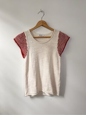 XXS Madewell Crochet Trim Sweater Tee Cream Red Short Sleeve Knit Top